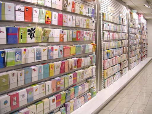 Photo of a rack of greeting cards in a store