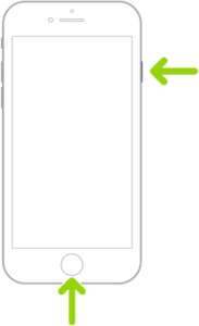 Line drawing of iPhone with arrows to right button and home button