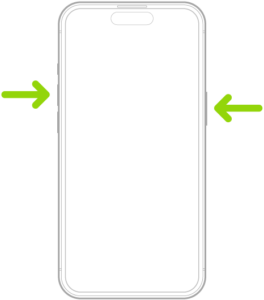 Line drawing of iPhone with arrow to right-side button and volume-up button