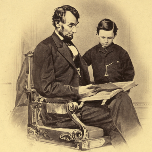 In yellow, sepia tones we see President Abraham Lincoln sitting in a chair with his legs crossed, reading a book to a young boy. 