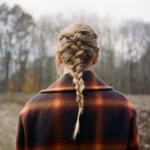 In the cover art for Taylor Swift's album "Evermore," She is standing with her back towards us, wearing an orange/brown plaid jacket. Her blonde hair is in a french braid, and she's standing in a field that looks like late fall/early winter