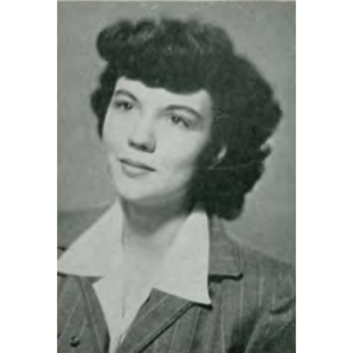 A black and white photo Marjorie Finlay from 1949. She is wearing a jacket and shirt with large collars, and her hair is up as was common in that period.