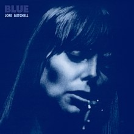 The cover art of Joni Mitchell's album, "Blue," which is a close-up photo of the young folk artists's face singing into a microphone, all in blue tones