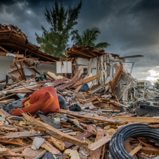 Hurricane debris is scattered amongst the ruins of a house destroyed by a hurricane in Florida