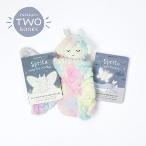 A snuggly winged toy with two books