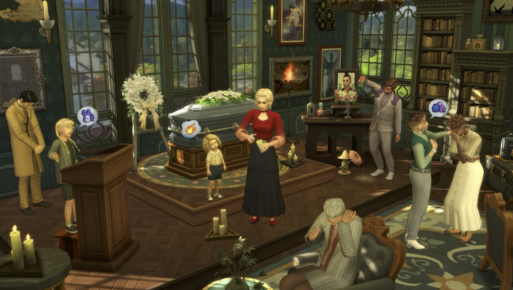 Various Sims grieving in a funeral parlor in the Sims 4 Life and Death