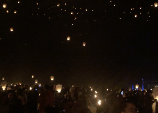 Sky lanterns rise above Little Everglades Ranch at The Lights Fest event.