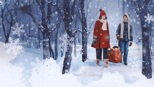 Two children - one girl in a lovely red coat and a boy in a blue puffer coat - walk through a wintery, snowy forest together