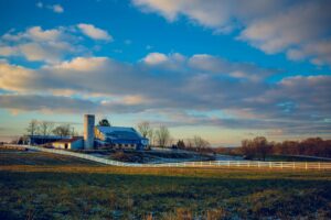 A farm on rolling countryside, to help illustrate the landscape of heart disease in rural areas