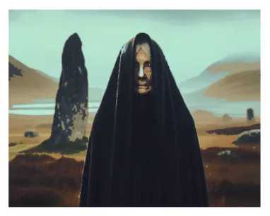 Painting of old woman in black shawl with neolithic standing stone and mountains in the background