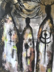 Painting of three human figures with antlers and esoteric symbols