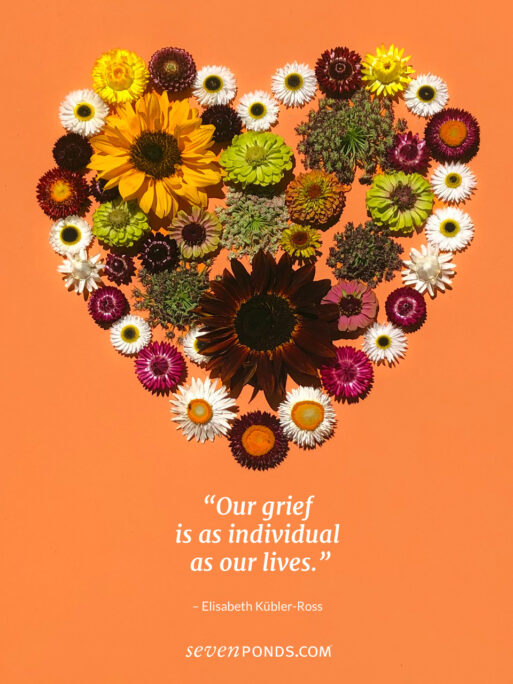 flowers of different colors and sizes arranged in a heart with a quote about death by famous Elisabeth Kubler-Ross