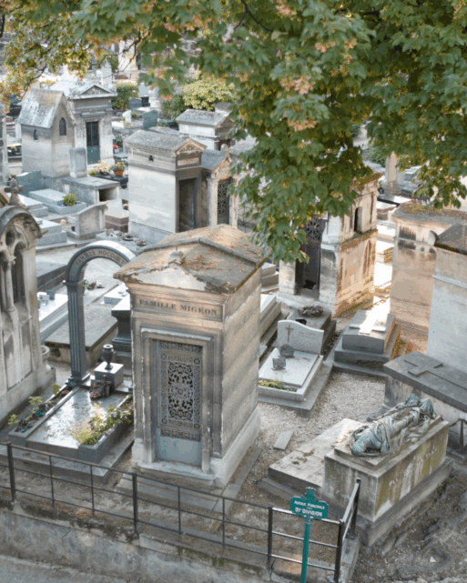 An overhead view of a few of the ancient headstones in Montparnasse cemetery