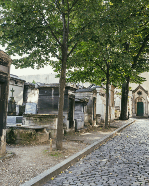 A tree-lined, cobblestone path meaders past ancient headstones with moss growing up the sides.