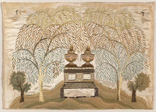 memorial embroidery sampler with a headstone and trees