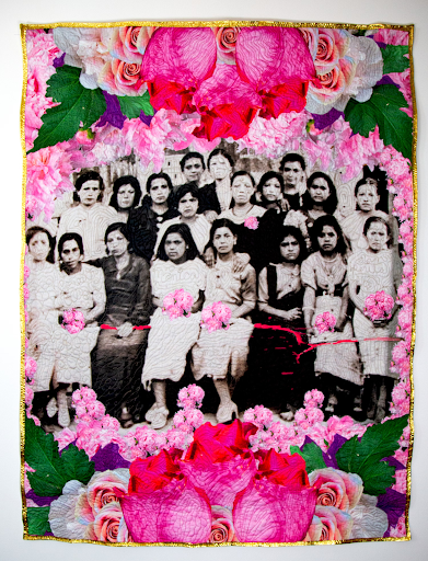 black and white photo of women with colorful embellishments