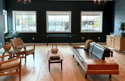 A midcentury sitting area inside Sparrow a contemporary funeral home in New York City.