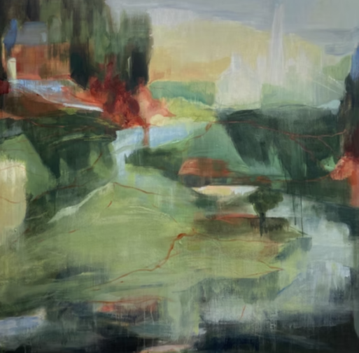 abstract landscape painting of a blurry green space with trees and water