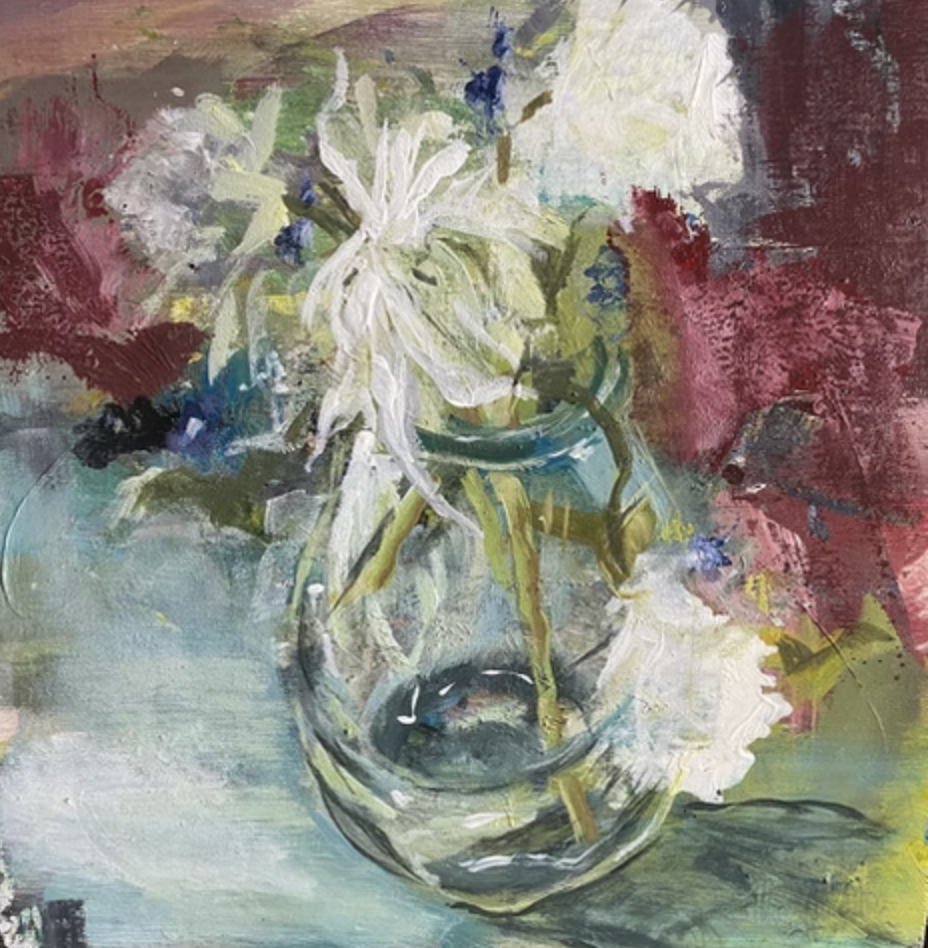 painting of wilting flowers in a glass jar