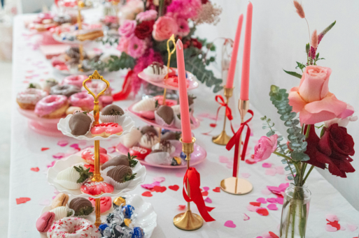 a valentine's day themed buffet table for a celebration of life