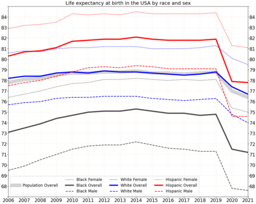 Life expectancy in USA by race and gender