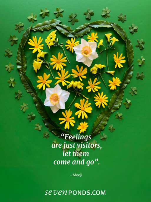 A heart made out of flowers and leaves on an emerald green background with the quote "Feelings are just visitors; let them come and go" -- Mooji
