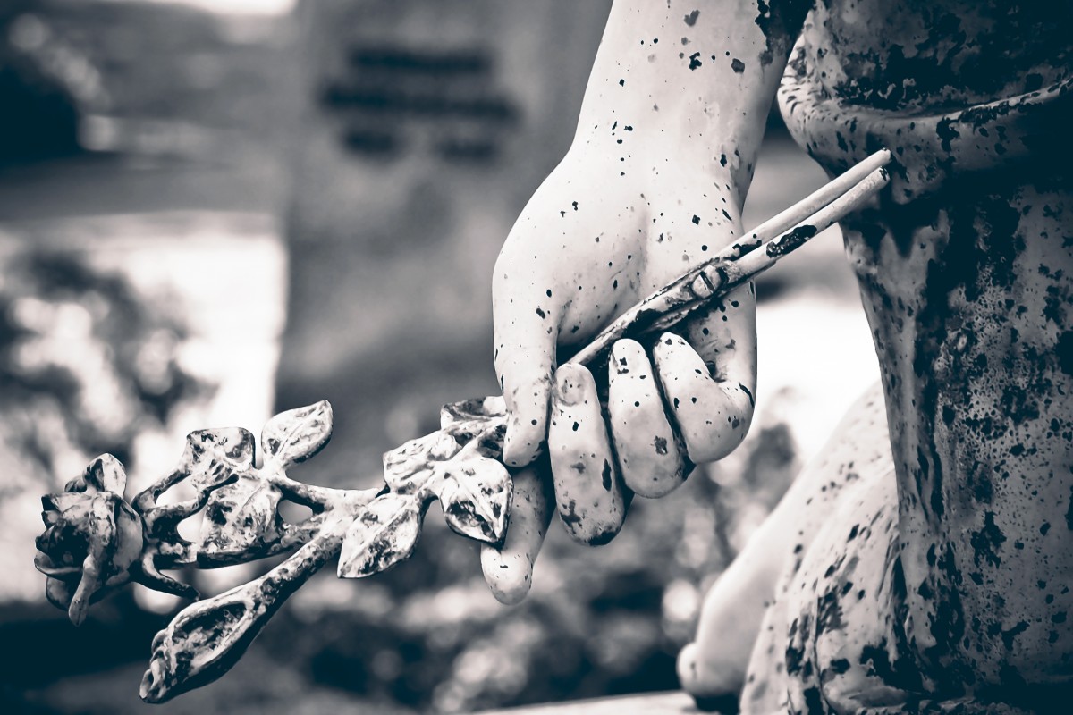 a hand holding a branch on a tombstone
