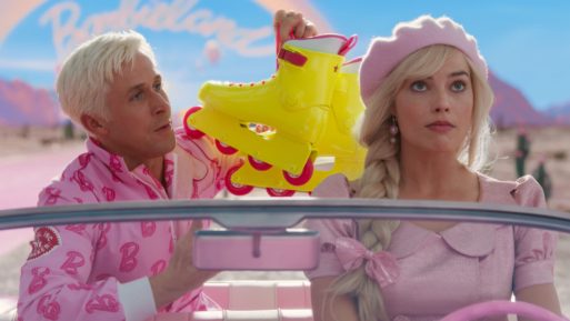Ken and Barbie drive away from Barbieland, with Ken holding bright yellow rollerblades.