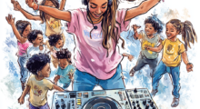 Illustration of female DJ leading young children in hip-hp therapy.